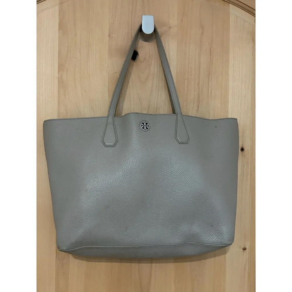 Tory Burch Gray Pebbled Leather Open Top Shoulder Tote Purse